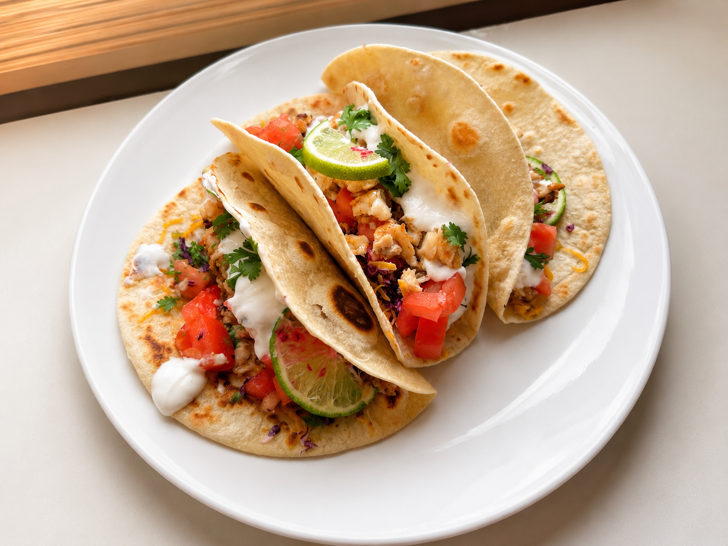 Catfish tacos topped with shredded cabbage, diced tomatoes and creamy lime sauce on corn tortillas