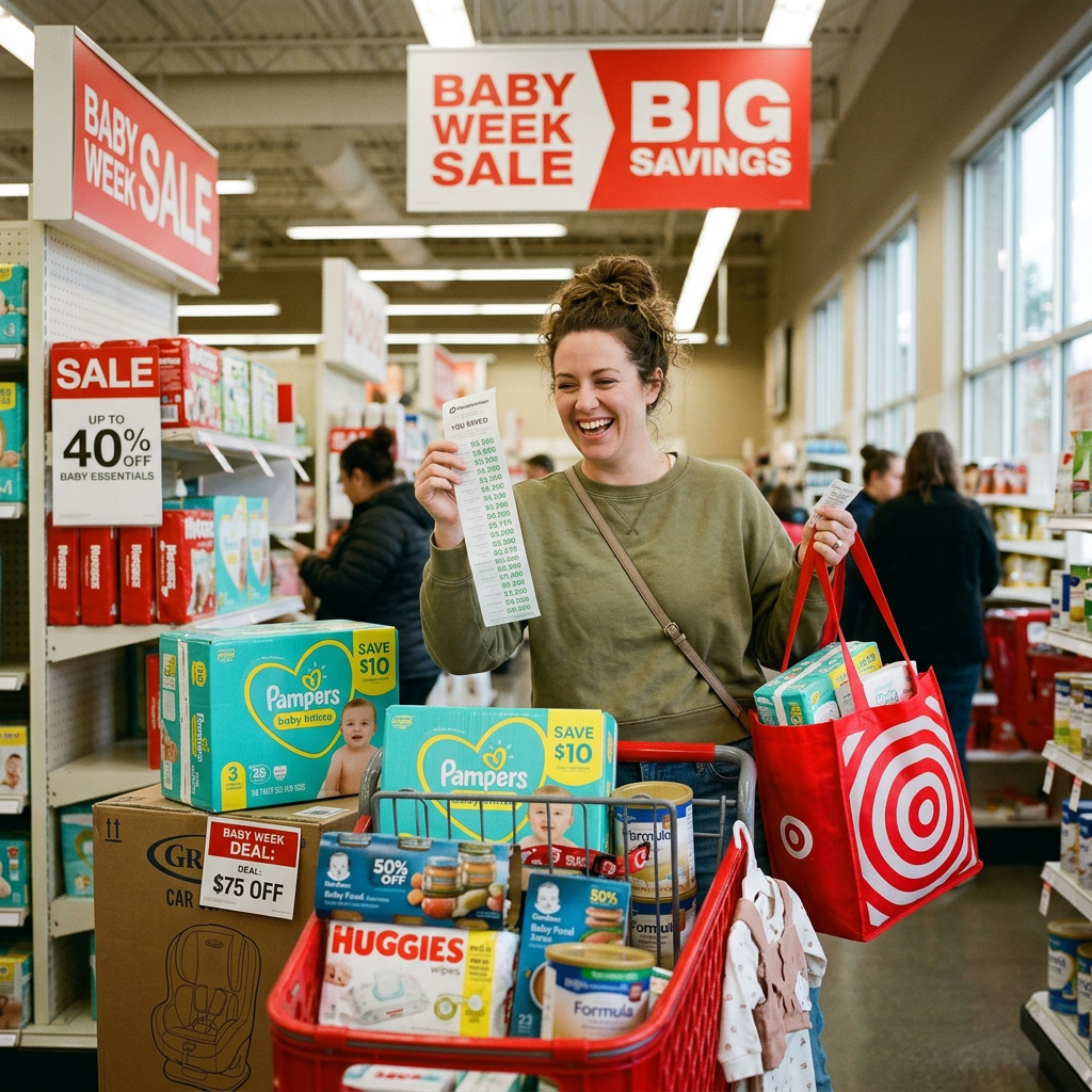 Shopper holding a receipt beside a cart full of discounted baby products